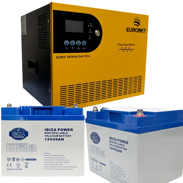 پکیج برق اضطراری یورونت 2050VA + دو باتری AGM ایبیزا 45Ah | ظرفیت مؤثر 535Wh