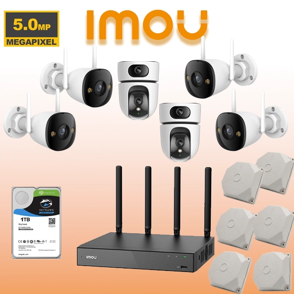 پکیج دوربین مداربسته بی‌سیم Imou 5MP شامل NVR وایرلس، 6 دوربین (Bullet + Ranger Dual دو لنز)، دید در شب رنگی و نصب بدون کابل‌کشی تصویر.