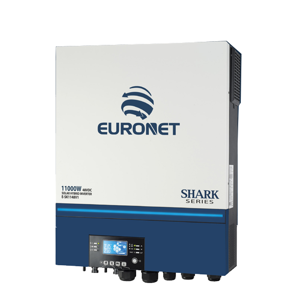 اینورتر خورشیدی هیبریدی 11 کیلووات EURONET Shark با Dual MPPT، باتری 48V، وای‌فای داخلی و قابلیت اتصال به شبکه برق.