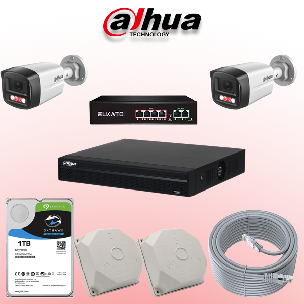پکیج دوربین مداربسته تحت شبکه ۲ کانال داهوا شامل NVR چهار کاناله، دو دوربین Full Color، PoE و هارد 1TB؛ اقتصادی و قابل ارتقا.