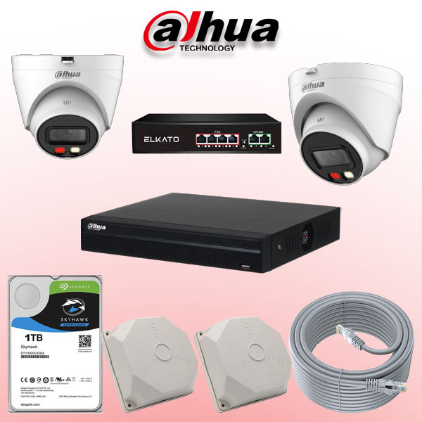 پکیج دوربین مداربسته داهوا با ۲ دوربین دام ۴ مگاپیکسل، دید در شب هوشمند، ضبط پایدار IP و مناسب دفاتر و فضاهای کوچک.