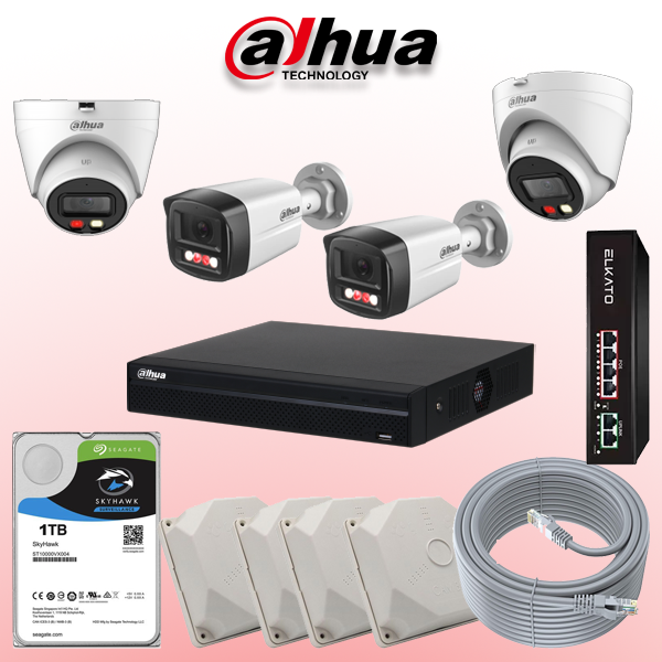 پکیج دوربین مداربسته IP داهوا شامل ۲ دوربین دام و ۲ بولت ۴ مگاپیکسل Smart Dual Light، دید در شب رنگی، میکروفون داخلی و NVR چهار کاناله قابل ارتقا.
