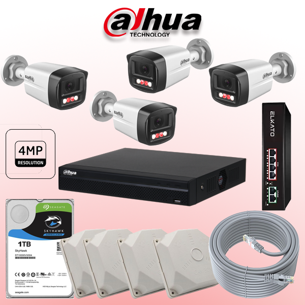 پکیج دوربین مداربسته داهوا ۴MP شامل ۴ دوربین بولت فضای باز، دید در شب هوشمند، مناسب منزل، آپارتمان و پارکینگ با امکان ارتقا.