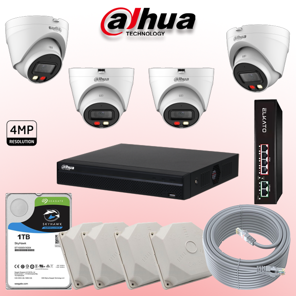 پکیج دوربین مداربسته داهوا ۴MP شامل ۴ دوربین دام داخلی، ضبط هوشمند، دید در شب Dual Light و مناسب مغازه، دفتر و فضاهای سرپوشیده.