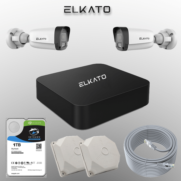 پکیج ۲ دوربین بولت الکاتو با تصویر Full HD، PoE واقعی، دید در شب ۳۰ متری و بدنه IP67. انتخابی ایده‌آل برای فضای بیرونی مغازه و پارکینگ.