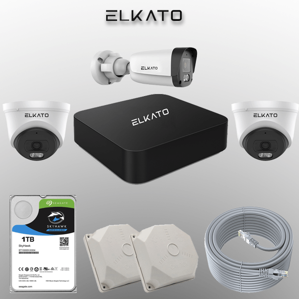 پکیج ۳ دوربین الکاتو با ۲ دام داخلی و ۱ بولت ضدآب IP67، PoE واقعی، تصویر شفاف ۲ مگاپیکسل و دید در شب ۳۰ متری برای خانه و پارکینگ.