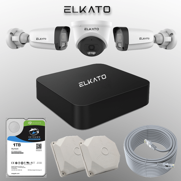 پکیج ۳ دوربین الکاتو شامل ۲ بولت بیرونی و ۱ دام داخلی، PoE واقعی، تصویر Full HD، دید در شب ۳۰ متری و انتقال تصویر پایدار با سرور داخلی.