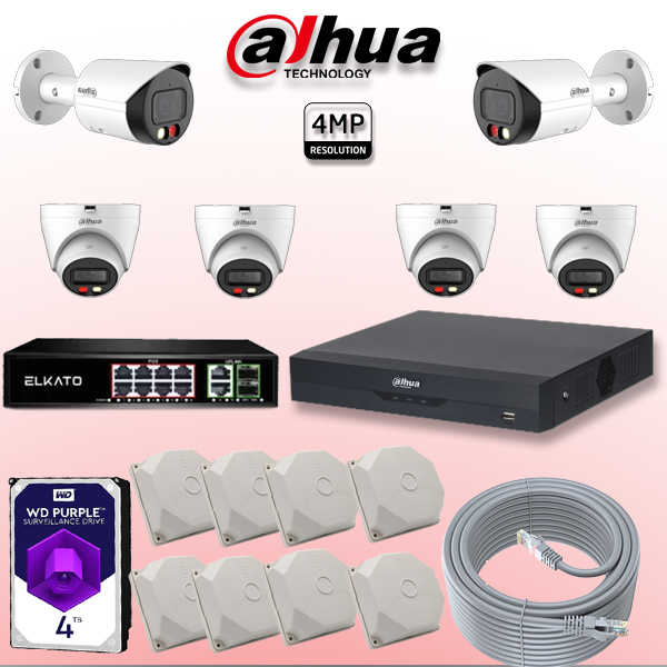 پکیج اقتصادی دوربین مداربسته داهوا 4MP Full Color مناسب فروشگاه‌ها و مشاغل حساس مانند طلافروشی، با هارد 4 ترابایت WD Purple و NVR هوشمند.