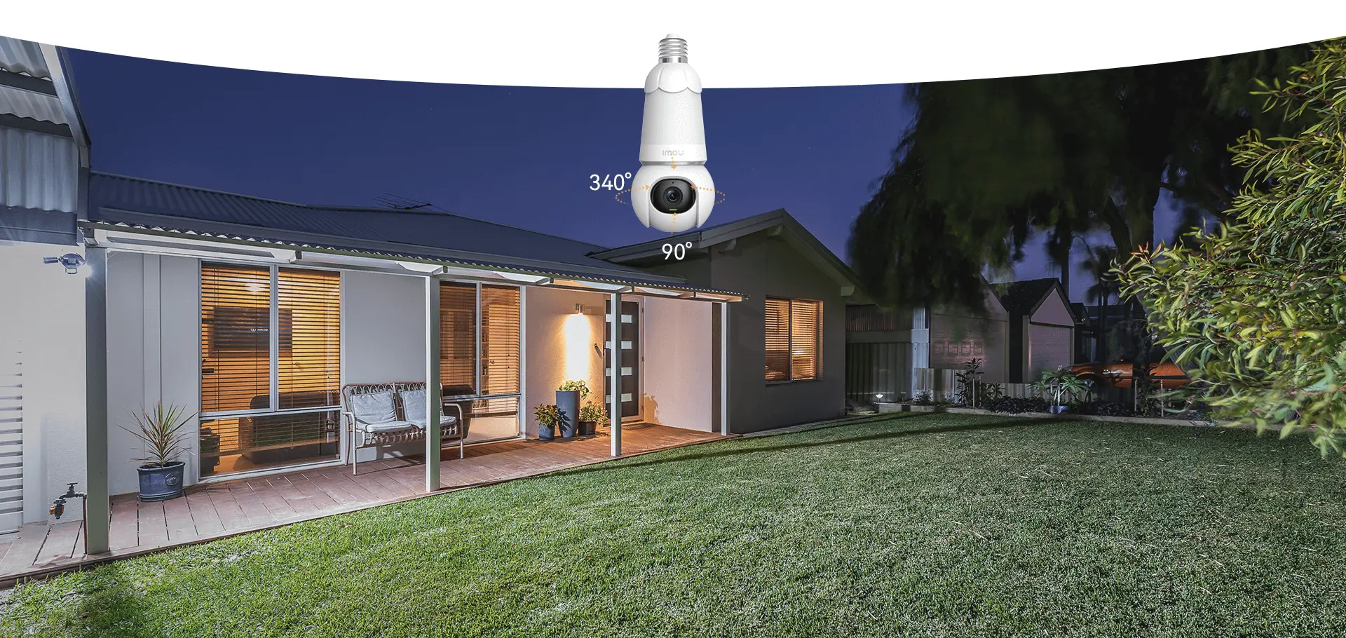 Pan and Tilt view of Imou Bulb Cam 3MP showing 340° horizontal and 90° vertical rotation