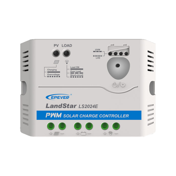 شارژ کنترلر خورشیدی EPEVER LS2024E با جریان 20 آمپر و تکنولوژی PWM مناسب سیستم‌های 12 و 24 ولت. دارای حفاظت‌های الکترونیکی و سازگار با انواع باتری خورشیدی.