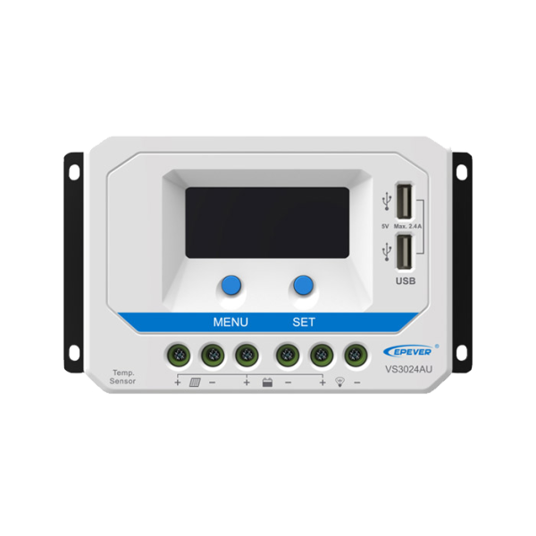 شارژ کنترلر خورشیدی 30 آمپر EPEVER مدل VS3024A/AU با تکنولوژی PWM، نمایشگر LCD، پشتیبانی از سیستم 12 و 24 ولت و حفاظت‌های الکترونیکی کامل.