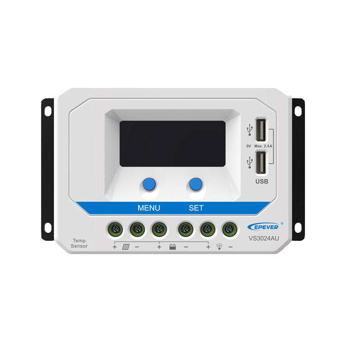 شارژ کنترلر خورشیدی 30 آمپر EPEVER مدل VS3024A/AU با تکنولوژی PWM، نمایشگر LCD، پشتیبانی از سیستم 12 و 24 ولت و حفاظت‌های الکترونیکی کامل.