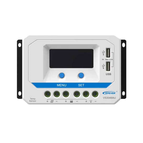 شارژ کنترلر خورشیدی 30 آمپر EPEVER مدل VS3048AU با تکنولوژی PWM، مناسب سیستم‌های 12 تا 48 ولت، مجهز به LCD، پورت USB و سنسور دمای باتری.