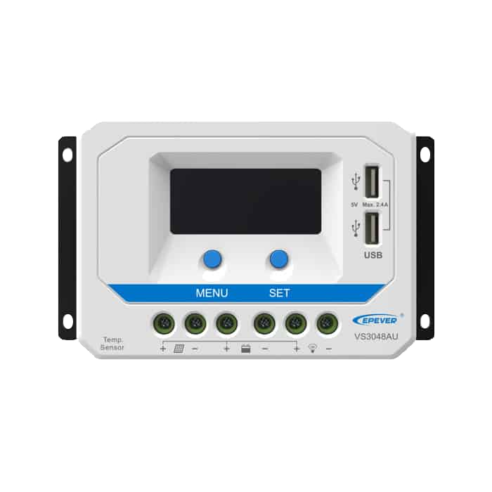 شارژ کنترلر خورشیدی 30 آمپر EPEVER مدل VS3048AU با تکنولوژی PWM، مناسب سیستم‌های 12 تا 48 ولت، مجهز به LCD، پورت USB و سنسور دمای باتری.
