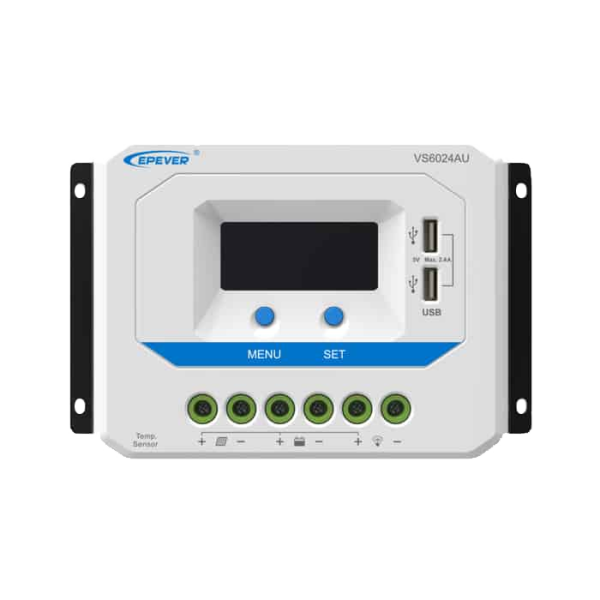 شارژ کنترلر خورشیدی 60 آمپر EPEVER مدل VS6024AU با تکنولوژی PWM، مناسب سیستم‌های 12 و 24 ولت، دارای LCD، USB و حفاظت کامل باتری.