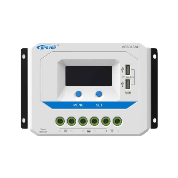 خرید شارژ کنترلر خورشیدی 60 آمپر EPEVER مدل VS6048AU با تکنولوژی PWM، مناسب سیستم‌های 12 تا 48 ولت با نمایشگر LCD، USB و حفاظت‌های کامل.