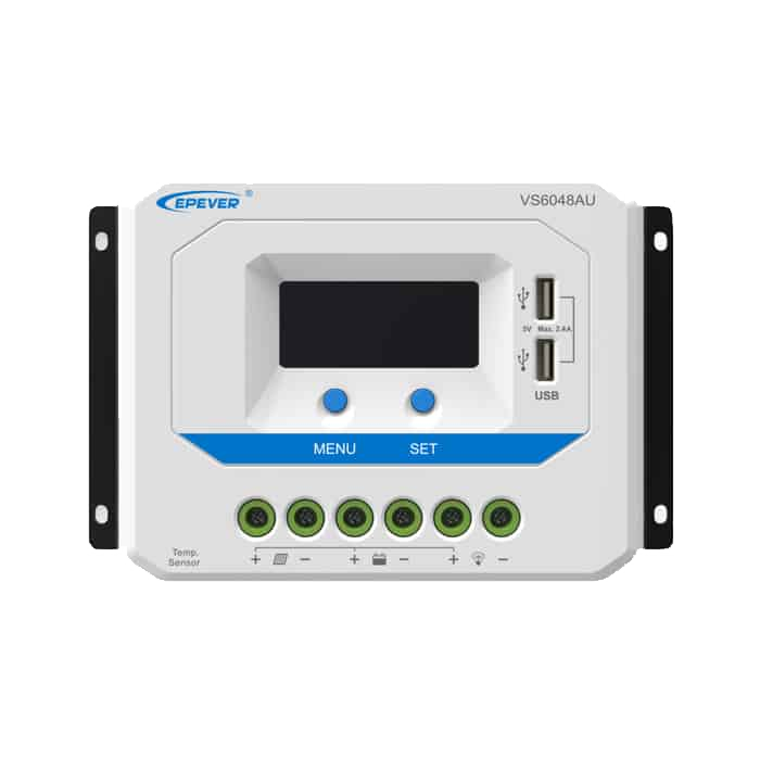 خرید شارژ کنترلر خورشیدی 60 آمپر EPEVER مدل VS6048AU با تکنولوژی PWM، مناسب سیستم‌های 12 تا 48 ولت با نمایشگر LCD، USB و حفاظت‌های کامل.