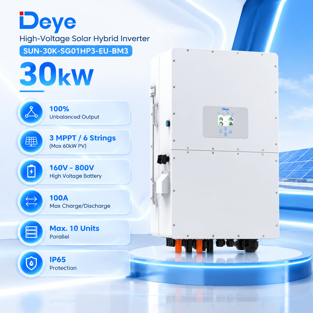 اینورتر هیبریدی خورشیدی 30 کیلووات Deye مدل SUN-30K-SG01HP3-EU-BM3 سه فاز ولتاژ بالا